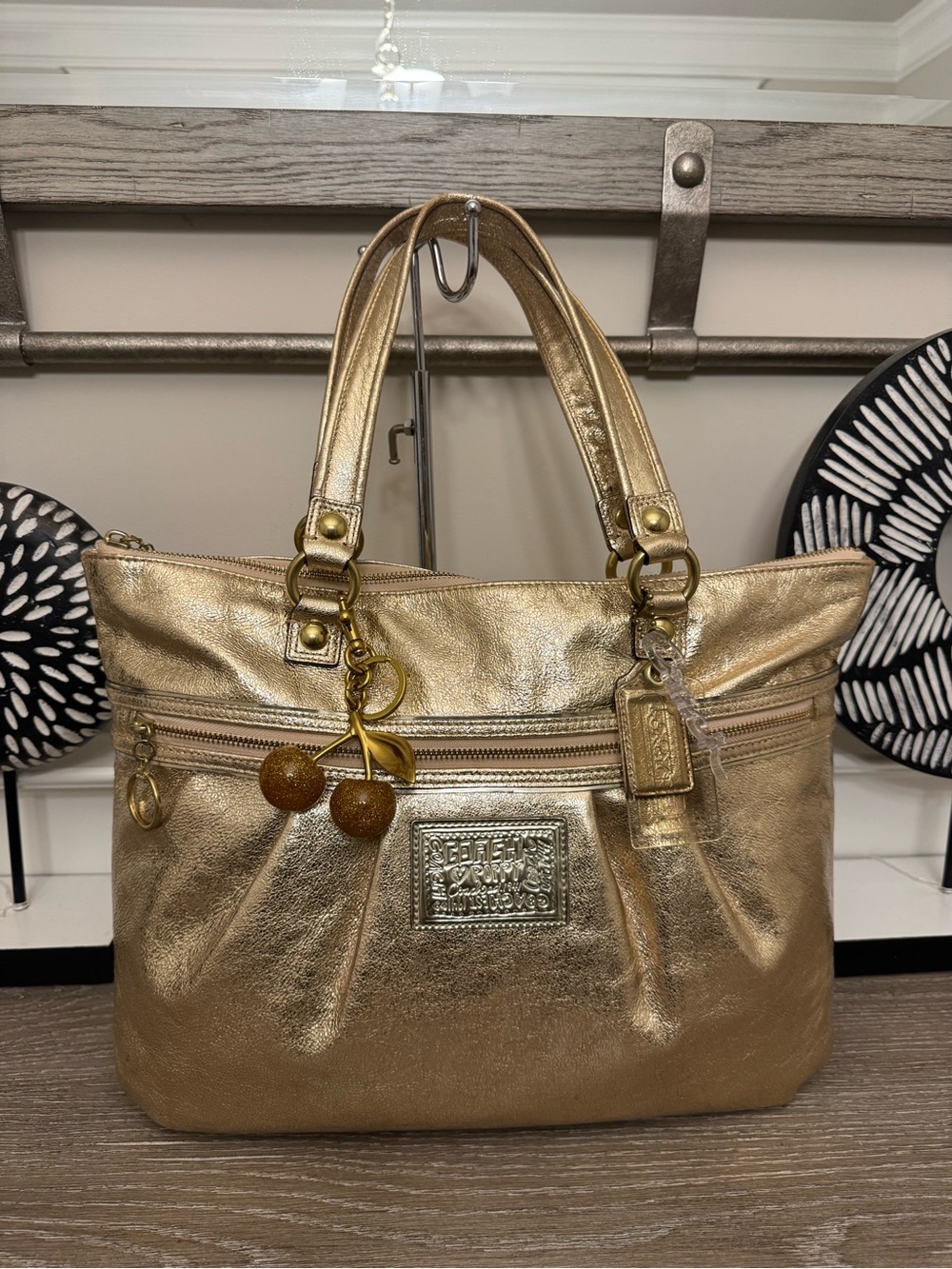 Coach poppy Gold Leather Tote Bag with Cherry Charm - Coach